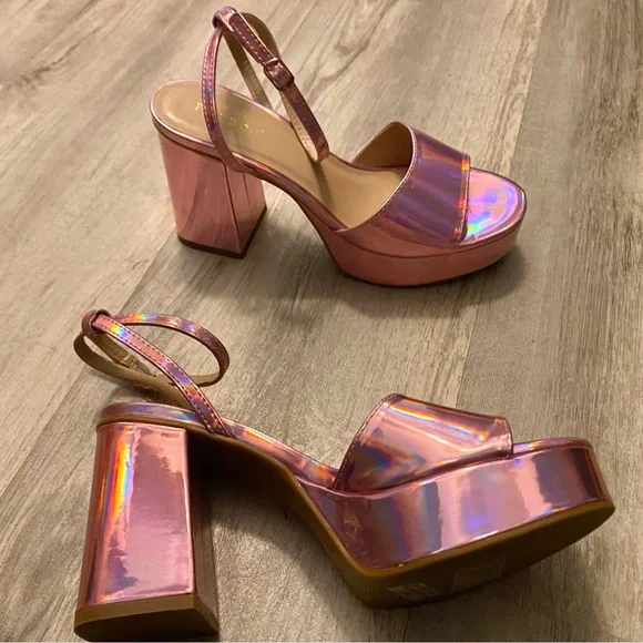 Iridescent Pink Platform High Heels Chrome Metallic Retro Dance Go Go Sz 7.5 - Picture 14 of 15